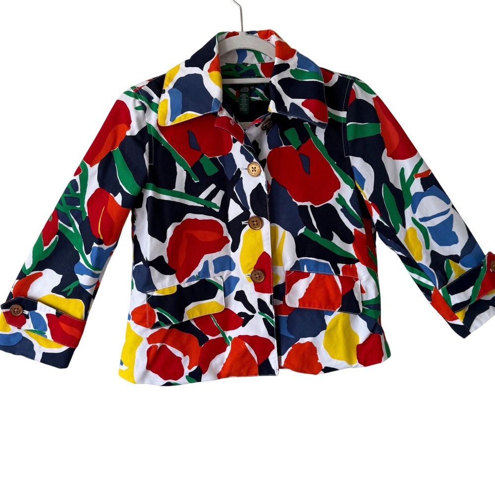 Ralph Lauren Petite Floral Canvas Blazer Jacket Multicolor Cotton Small P  Crop‎